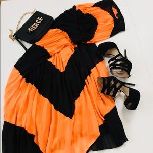Orange and black pleated maxi dress